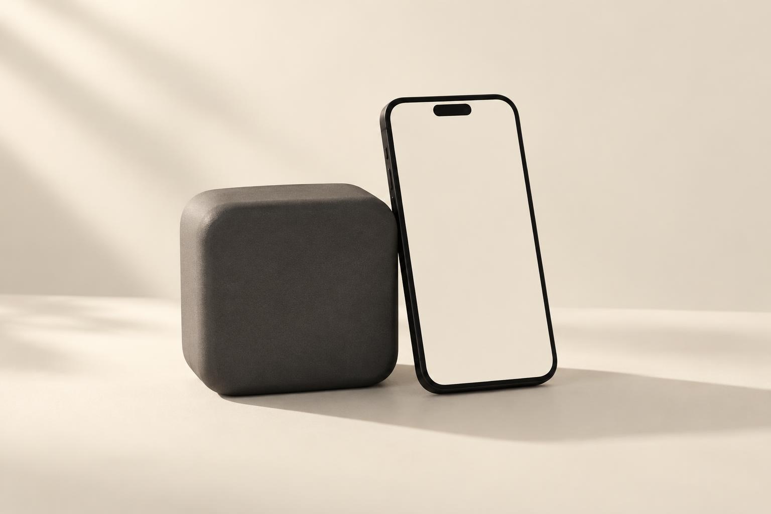 Concept of a compact charcoal Ember box beside a phone; final hardware may change
